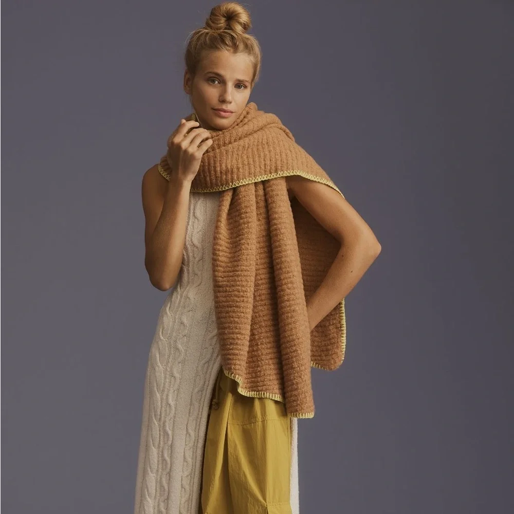Anthropologie Camel Ribbed Knit Wrap with Yellow Edge